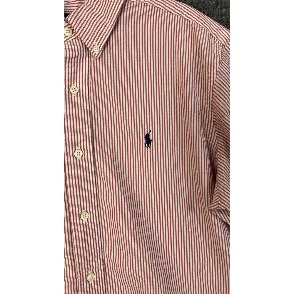 Ralph Lauren Button Down Shirt Mens Medium Red White Striped Seersucker Preppy